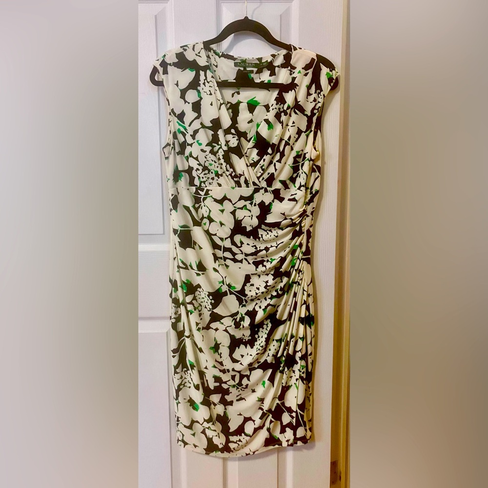 Ralph Lauren Black and White Floral Midi Dress with Green Accents